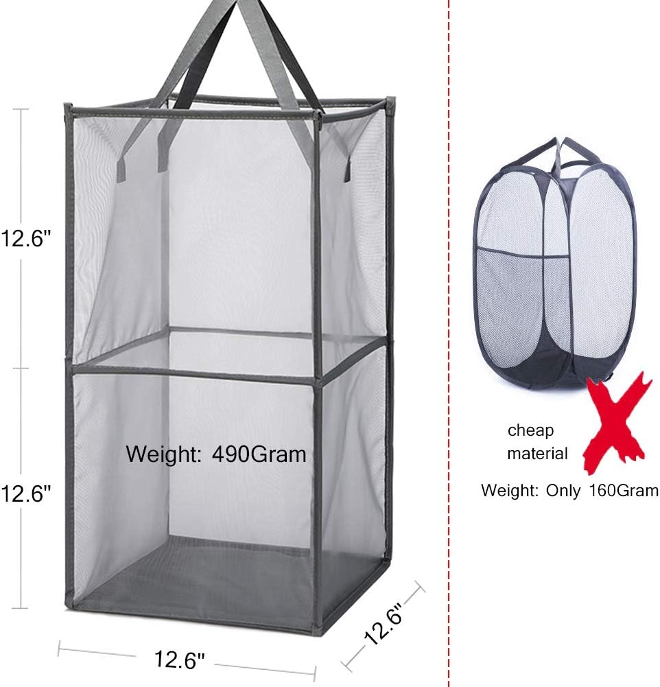 HONOMA Laundry Bags Hamper Bag with Handles,Portable & Collapsible Dirty Clothes Mesh Basket Foldable for Washing Storage, Kids Room,Dorm or Travel (Black,Double-Layer)