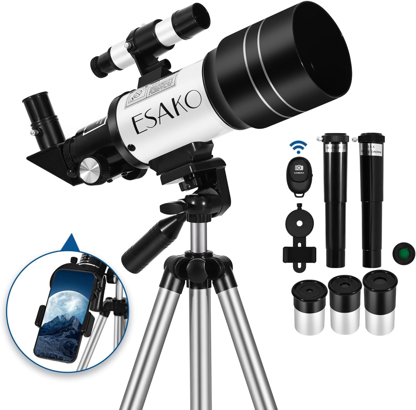 ESAKO Telescope for Kids & Beginners, 70mm Aperture Portable Telescopes with 3 Eyepieces, Height Adjustable Tripod & Phone Adapter & Remote Control