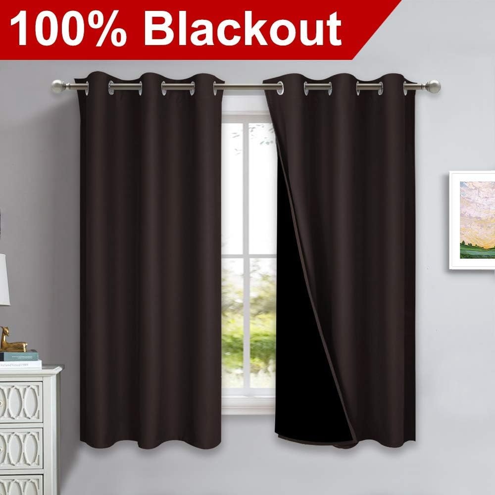 NICETOWN 100% Blackout Short Curtains with Black Liners, 2 Panels, 37" W by 60" L, Toffee Brown, Solid Thermal Insulated Full Blackout 2-Layer Lined Drapes, Energy Efficiency Window Drapes for Bedroom