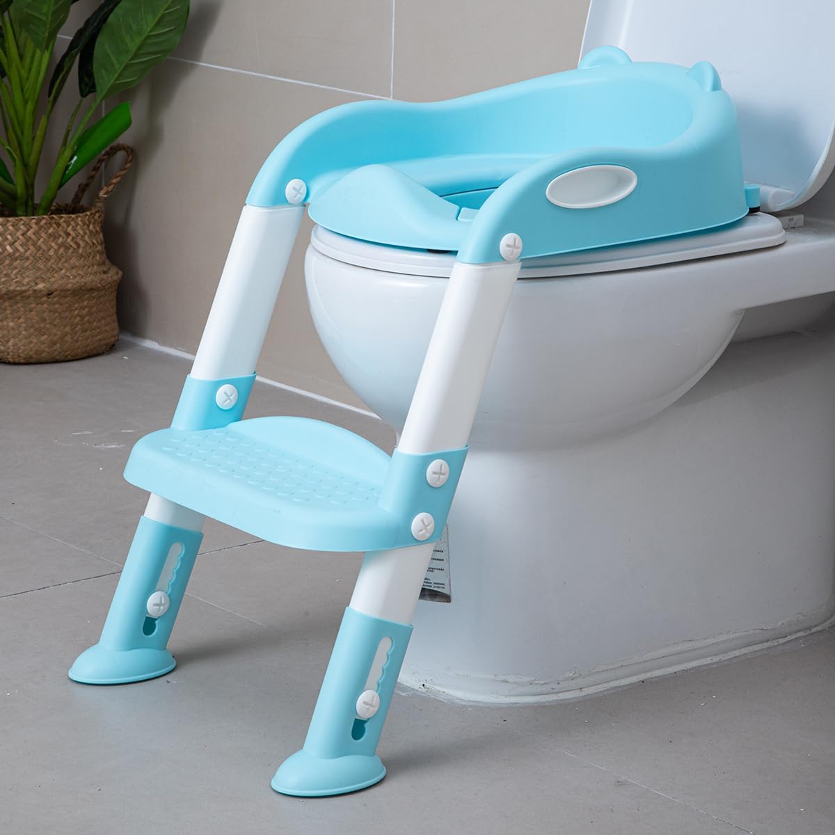 Potty Training Toilet Chair Seat with Step Stool Ladder for Kids and Toddler Boys Girls - Foldable Height Adjustable Children Toilet Training Seat with Safe Handles & Anti-Slip Pads, Blue-White