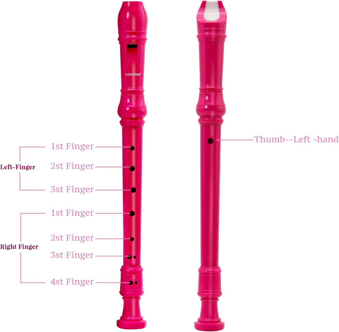 EAST TOP Soprano Recorder for Kids Beginners, 8 Hole Plastic German Fingering Flute Recorder 3 Piece with Cleaning stick, Cotton pouch, Fingering Chart, Colorful box (Hot Pink)