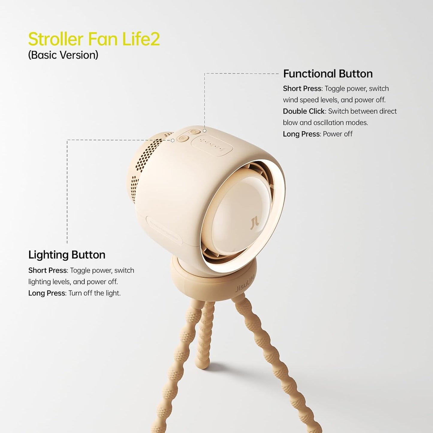 JISULIFE Stroller Fan Baby Large, Safe Bladeless for Crib, Desk, 4000mAh Battery Rechargeable Portable Cooling Fan with Air Turbo Tech, Night Light, Food-Grade Gift for Mom/Dad/Friend - Brown