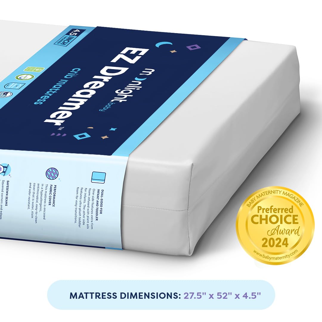 Moonlight Slumber EZ Dreamer Crib Mattress – Dual-Sided Baby and Toddler Mattress, Firm Infant Support, Waterproof and Hypoallergenic Cover, 4.5" Foam, Standard Size, Made in USA