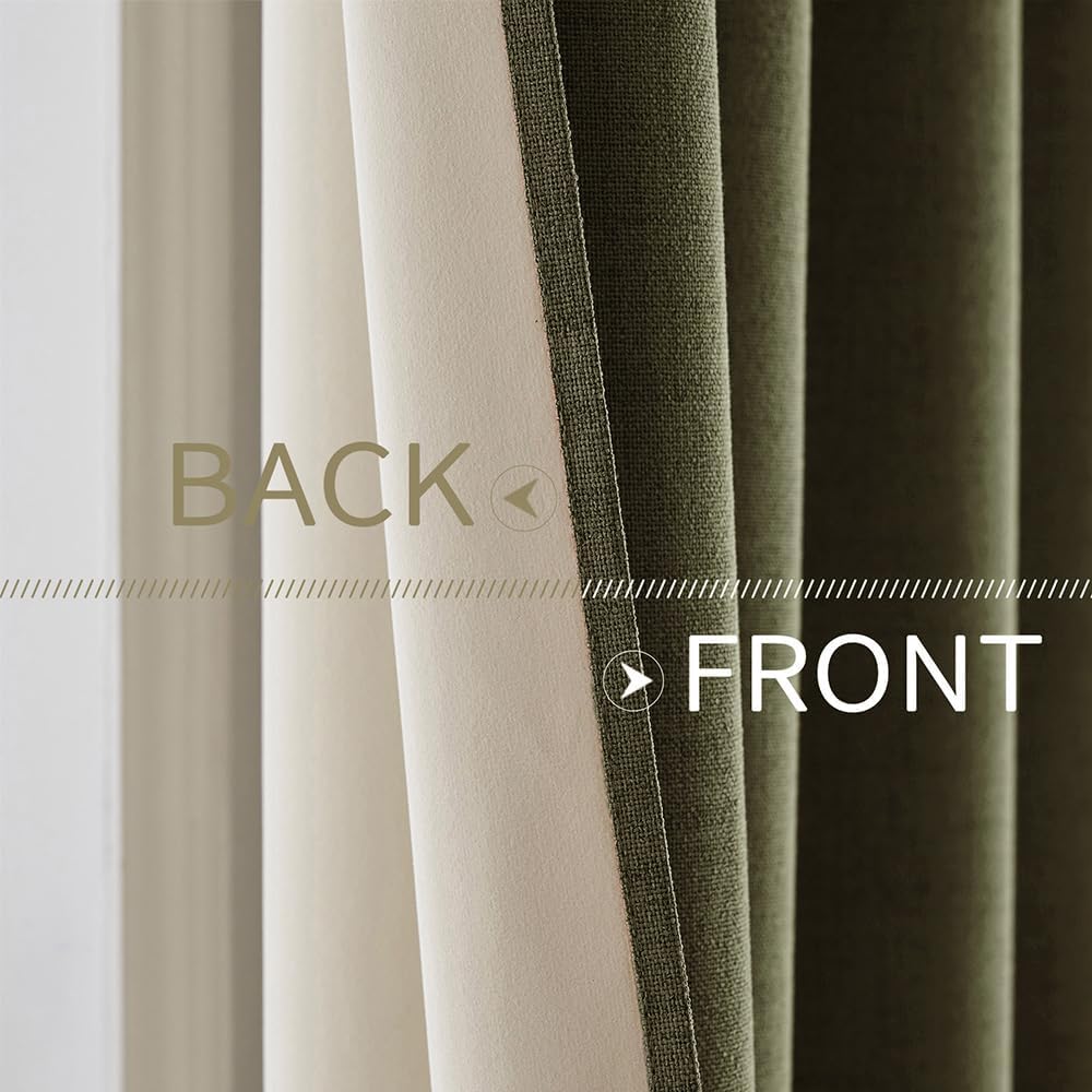 MIULEE Linen Texture Curtains for Bedroom Solid 100% Blackout Thermal Insulated Light Olive Green Curtains Grommet Room Darkening Drapes for Living Room Nursery 52x90 Inch (2 Panels)