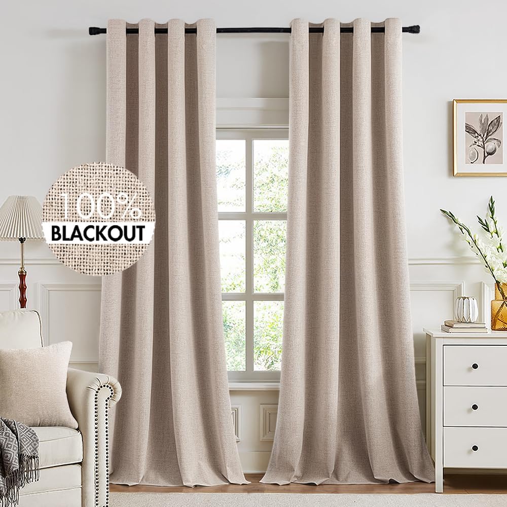 MIULEE 100% Blackout Linen Textured Curtains for Bedroom Solid Thermal Insulated Natural Beige Grommet Room Darkening Curtains & Drapes Luxury Decor for Living Room Nursery 52 x 132 Inch (2 Panels)
