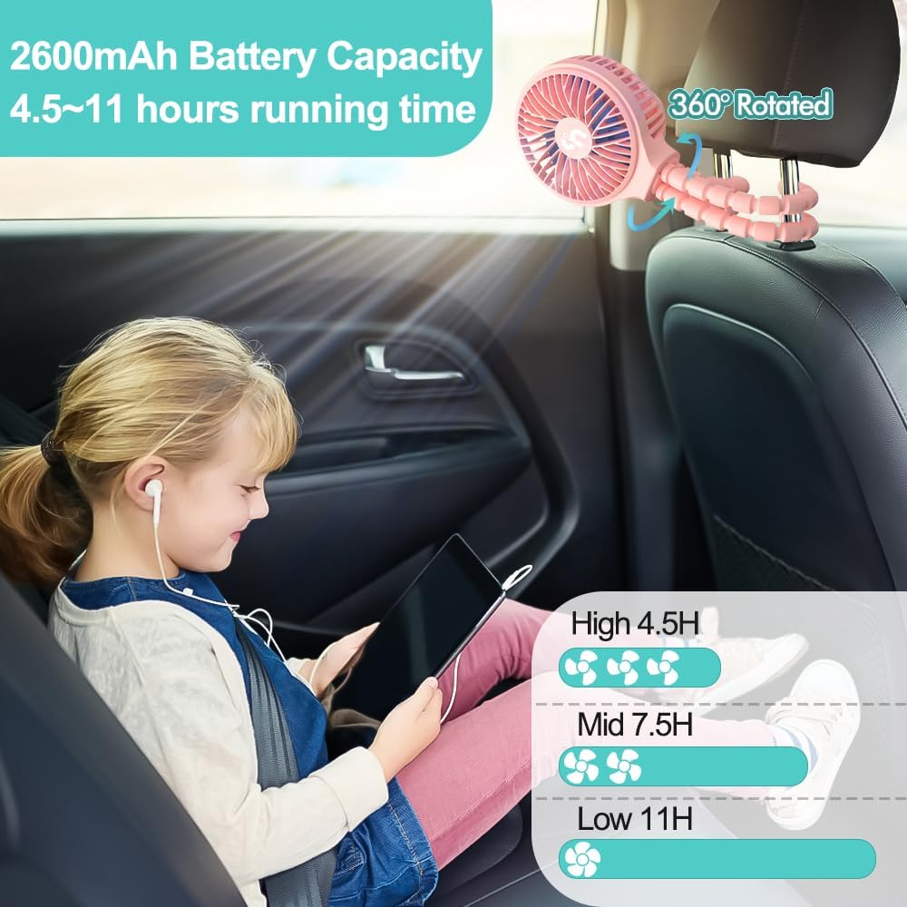 HomeLifairy Portable Stroller Fan, USB or Rechargeable Battery Operated with 3 Speeds and 360°Rotate, Cooling Clip On for Baby Crib Travel Car Seat Pink