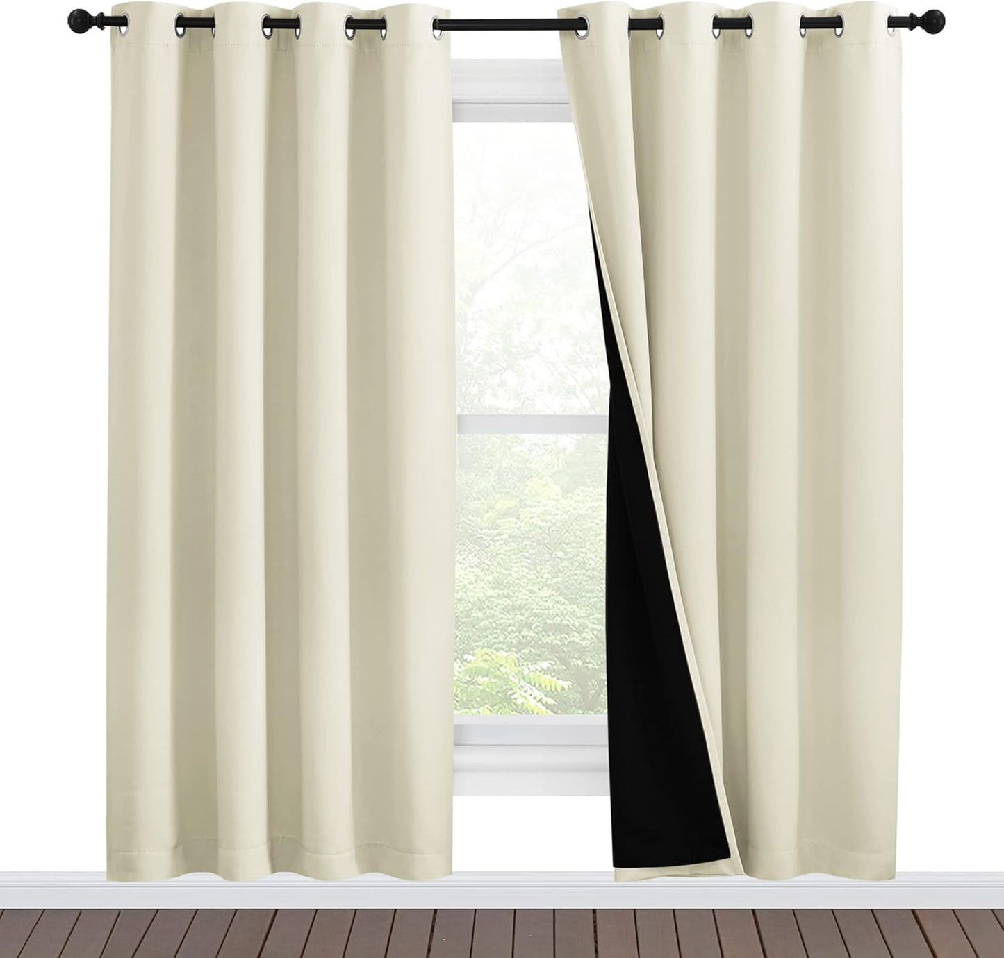 NICETOWN Living Room Completely Shaded Draperies, Privacy Protection & Noise Reducing Ring Top Drapes, Black Lined Insulated Window Treatment Curtain Panels (Beige, 2 Pieces, W55 x L78)