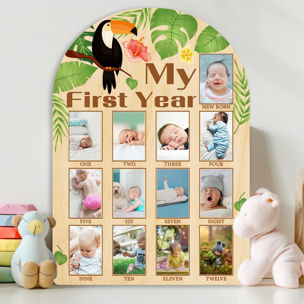 ORIGACH My First Year Baby Growth Photo Display Wood Board - 12 Months Newborn Milestones Photo Board - Neutral Baby Keepsake Board 1st Birthday Party Nursery Decor New Mom Gift - Toucan & Leaves