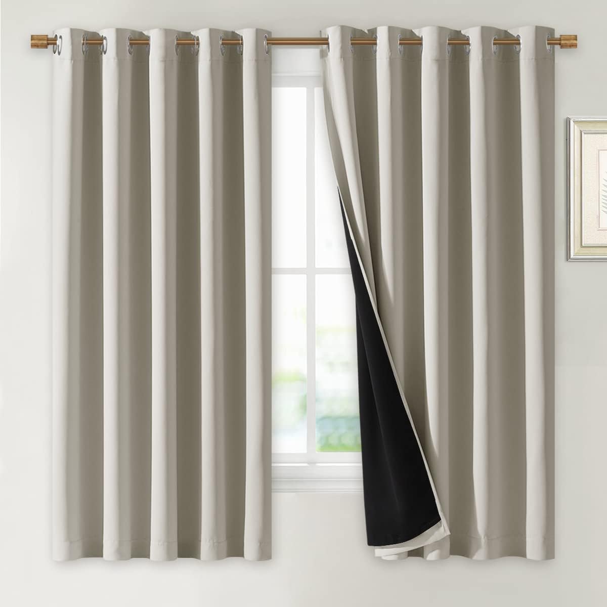 NICETOWN Natural 100% Blackout Lined Curtains, 2 Thick Layers Completely Blackout Window Treatment Thermal Insulated Drapes for Kitchen/Bedroom (1 Pair, 70 inches Width x 63 inches Length Each Panel)