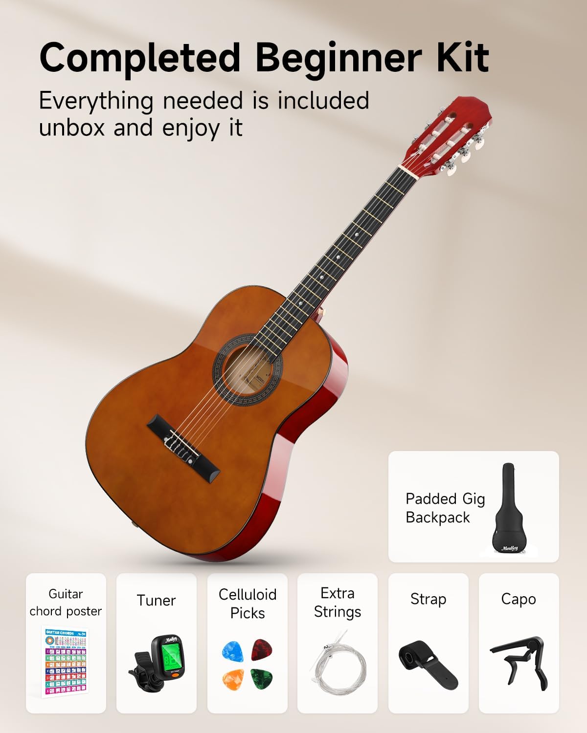 Moukey 36" Acoustic Guitar for Beginners Kids Youth 3/4 Size Dreadnought Travel Guitarra Acustica Kit with Chord Poster, Gig Bag, Tuner, Picks, Nylon Strings, Capo, Strap - Brown