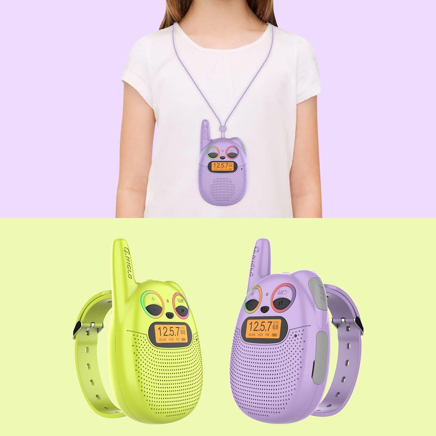 Qniglo Walkie Talkies for Kids - 2 Pack Rechargeable, Christmas & Birthday Gifts for Boys & Girls Age 3-12, Long Range Kids Walkie Talkies with FM Radios for Family Adventure Camping & Spy Games