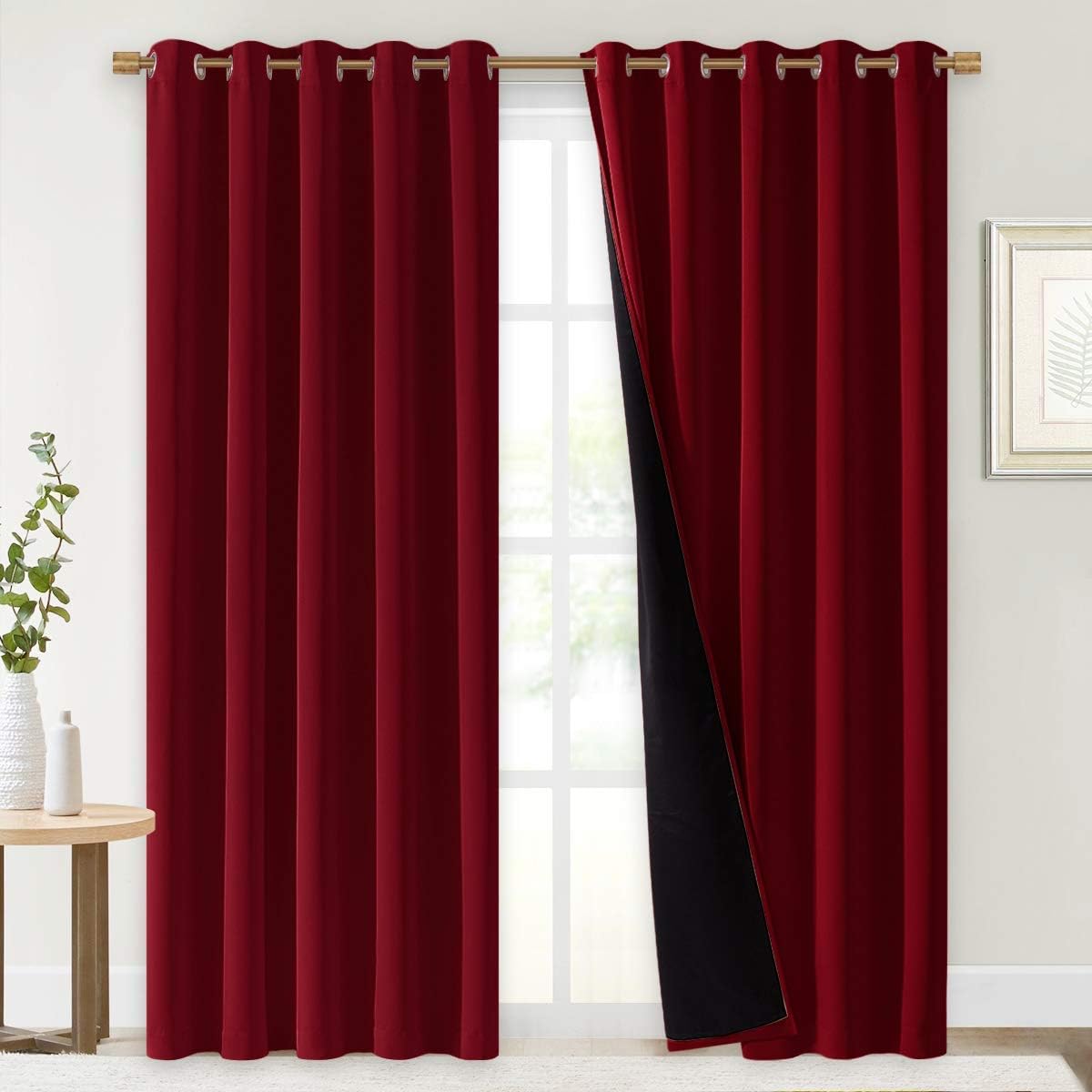 NICETOWN 100% Blackout Window Curtain Panels, Burgundy Red, 2 PCs, 62" Wide Each Panel, Cold and Full Light Blocking Drapes with Black Liner for Nursery, 84 inches Drop Thermal Insulated Draperies