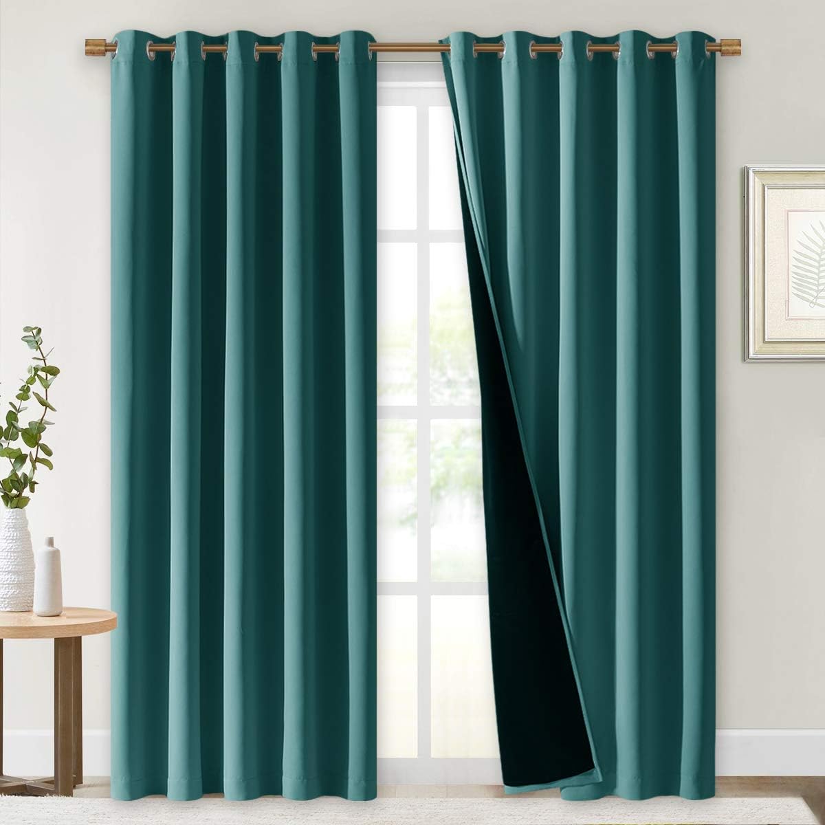 NICETOWN 100% Blackout Window Curtain Panels, Sea Teal, 2 PCs, 62" Wide Each Panel, Cold and Full Light Blocking Drapes with Black Liner for Nursery, 84 inches Drop Thermal Insulated Draperies