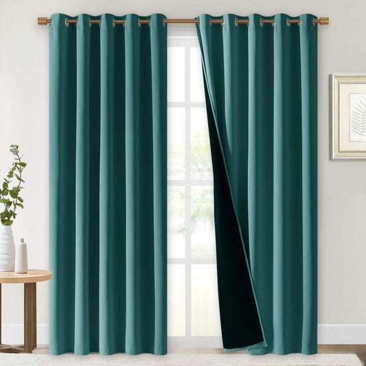 NICETOWN 100% Blackout Window Curtain Panels, Sea Teal, 2 PCs, 62" Wide Each Panel, Cold and Full Light Blocking Drapes with Black Liner for Nursery, 84 inches Drop Thermal Insulated Draperies