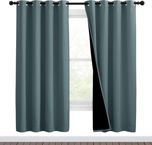 NICETOWN 100% Blackout Window Curtain Panels, Full Light Blocking Drapes with Black Liner for Nursery, 72-inch Drop Thermal Insulated Draperies (Greyish Blue, 2 Pieces, 46-inch Wide Per Panel)