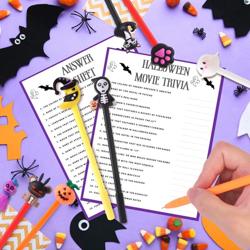 50pcs Halloween Gel Ink Pens,35 Styles Cute Cartoon Halloween Black Ink Pens for Kids Pumpkin Ghost Skull Bat Bulk Novelty Assorted Stationery for School Office Supplies Party Favors