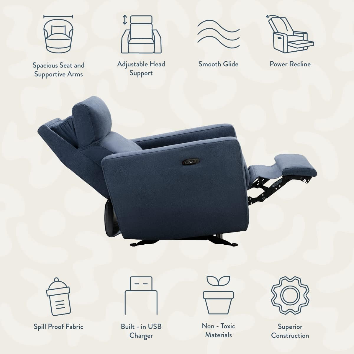 Nurture& The Glider Premium Power Recliner Nursery Glider Chair with Adjustable Head Support | Designed with a Thoughtful Combination of Function and Comfort | Built-in USB Charger (Navy)