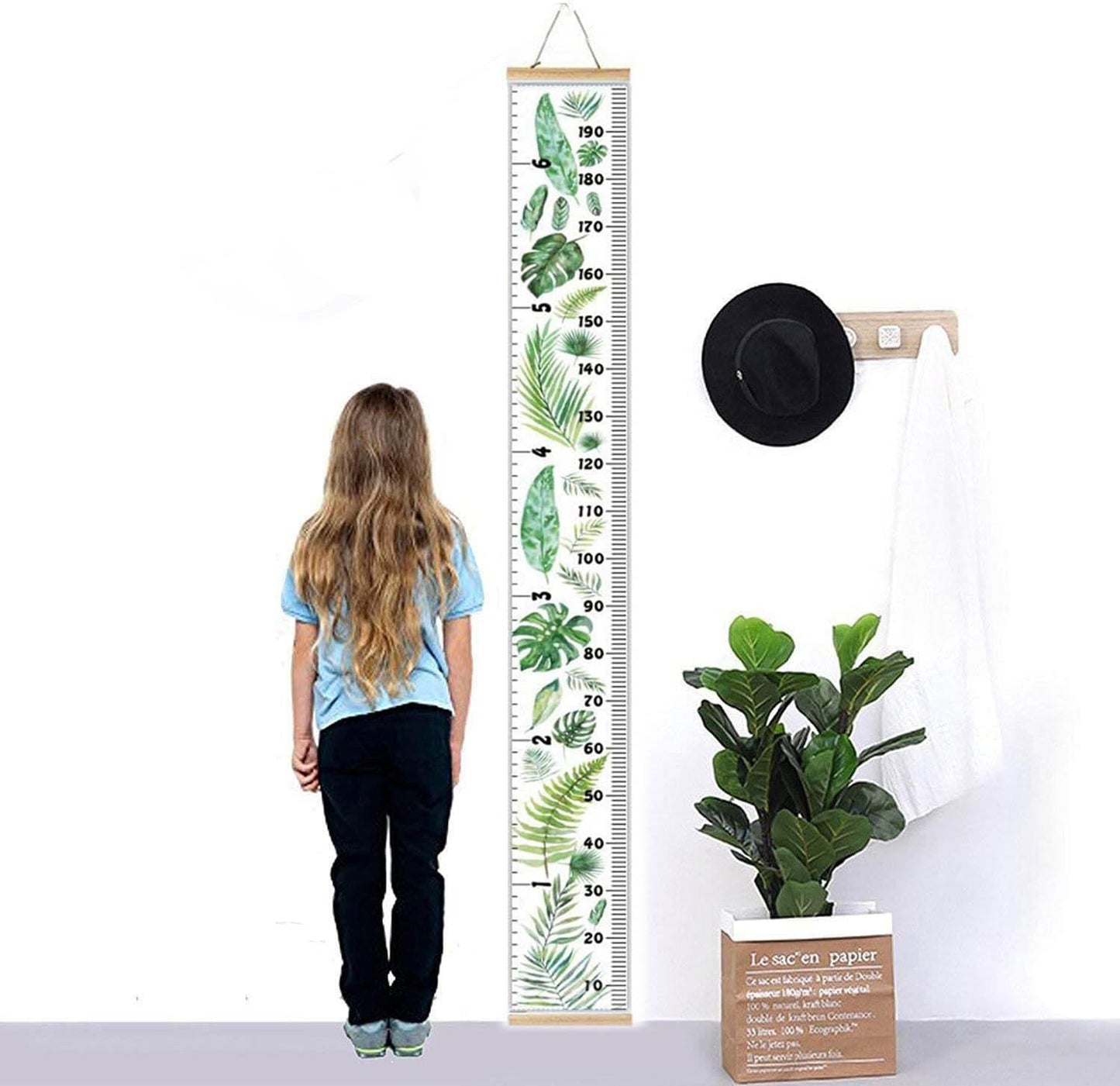 Kids Growth Chart, Wood Frame Fabric Canvas Height Measurement Ruler from Baby to Adult for Child's Room Decoration 7.9 x 79in (7.9 x 79in, Monstera Deliciosa)