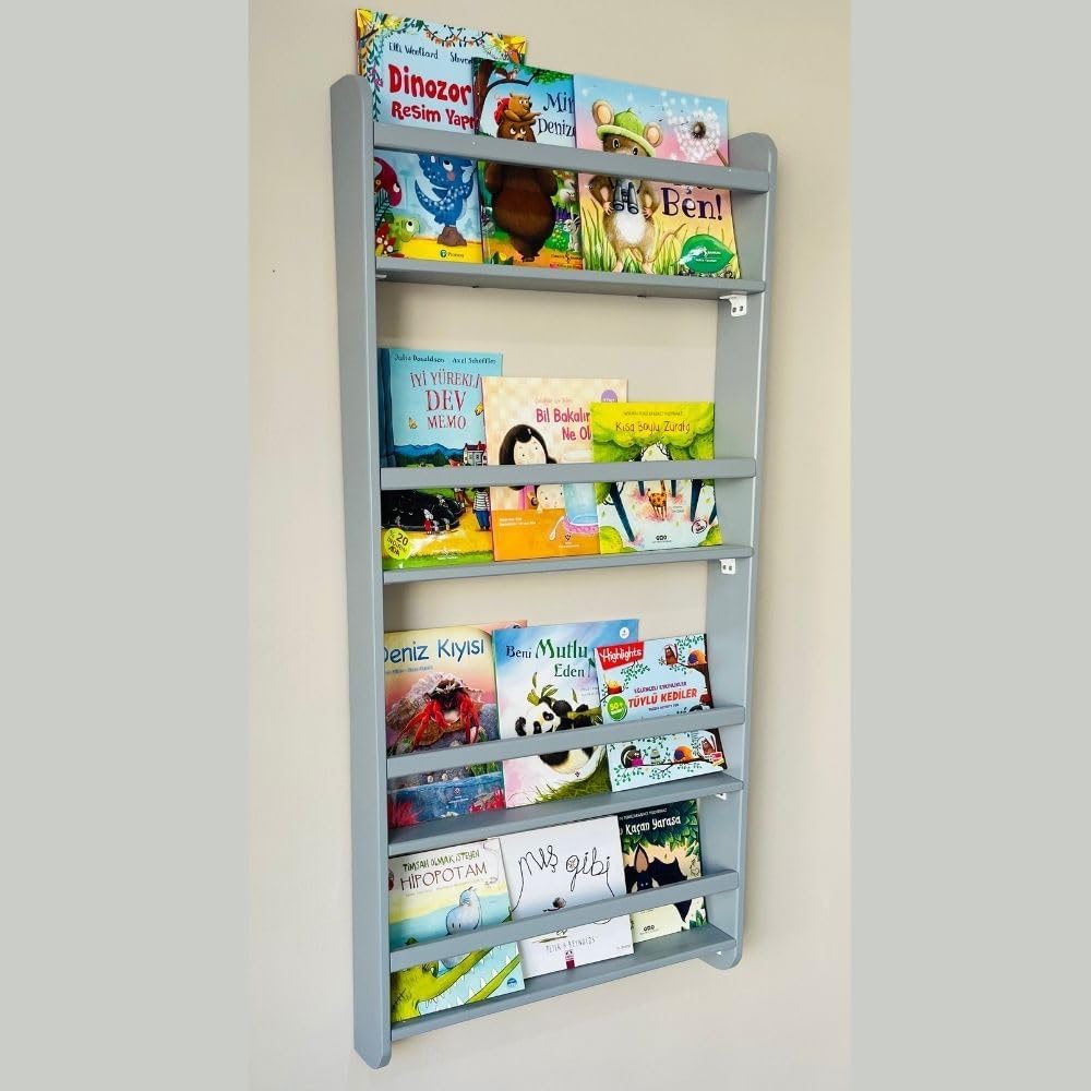 Handmade Solidwood Wall Mounted Montessori Kids Bookshelf, Solid Pine 4 Tier Book Display for Children Bedroom, Nursery Furniture Bookcase, Wood Pine Organiser for Living Room (Gray)