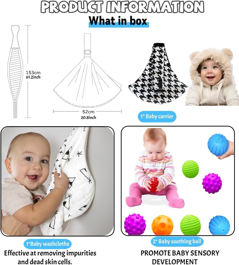 Baby Sling Carrier Adjustable Baby Sling 2025 Upgraded Toddler Sling Comfortable Baby Wrap Carriers Ergonomic-Designed, Travel Friendly Carrying 10-45 Lbs Blackwhite