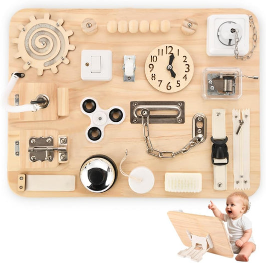 Wooden Busy Board for Toddlers - Montessori Sensory Activity Board for Fine Motor Skills and Early Learning - Travel Toys for Kids - Sensory Toys for autism or ADHD - Ideal for Educational Gifts