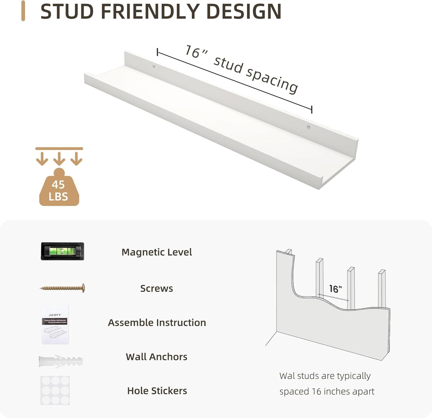 Picture Ledge Shelf, Wood Floating Shelves Set of 4, 24 inch Picture Ledge Shelves, Photo Ledge Nursery Book Shelves Wall Mounted for Living Room Kids' Room Bedroom, Color White