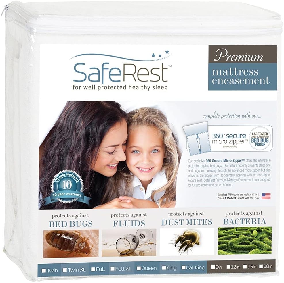 SafeRest Zippered Mattress Protector - Premium 9-12 Inch Waterproof Mattress Cover for Bed - Breathable, Noiseless Washable Mattress Encasement - Calking