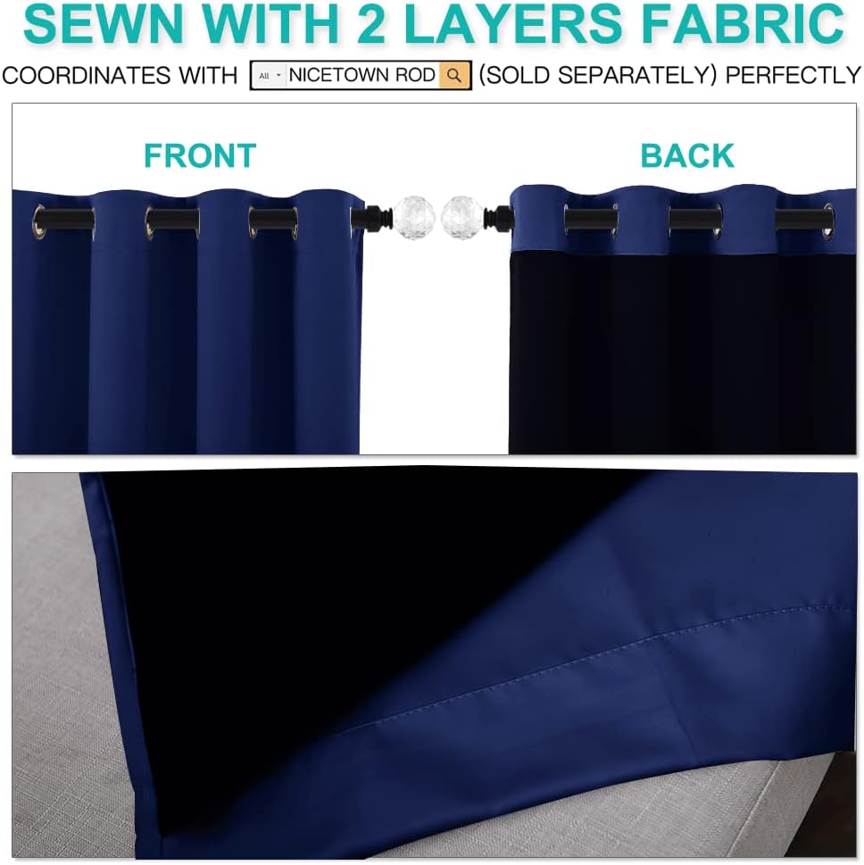 NICETOWN 100% Blackout Curtain Panels, Thermal Insulated Black Liner Curtains for Nursery Room, Noise Reducing and Cold Blocking Drapes for Windows (Set of 2, Royal Blue, 42" Wide by 63" Long)