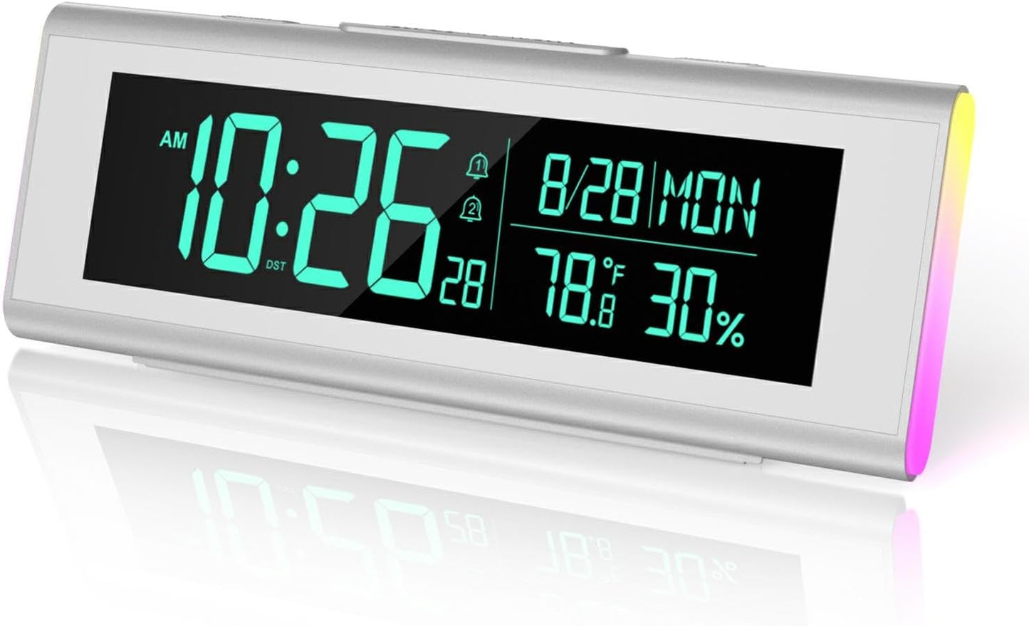 Digital Alarm Clocks for Bedrooms, LED Desk Clock with RGB Night Light, Brightness Dimmer, Date, Week, Temperature Large Display, Modern Decor for Desk, Office, Gift for Kids, Teen, Adults (Silver)