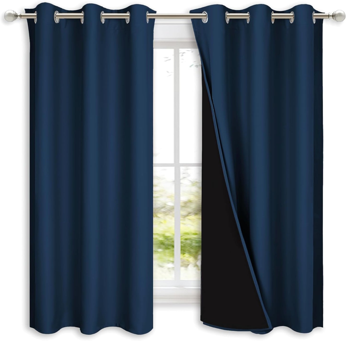 NICETOWN 100% Blackout Curtains with Black Liners, Solid Thermal Insulated Full Blackout 2-Layer Lined Drapes, Energy Efficiency Window Draperies for Bedroom (2 Panels, 42" W by 63" L, Moroccan Blue)
