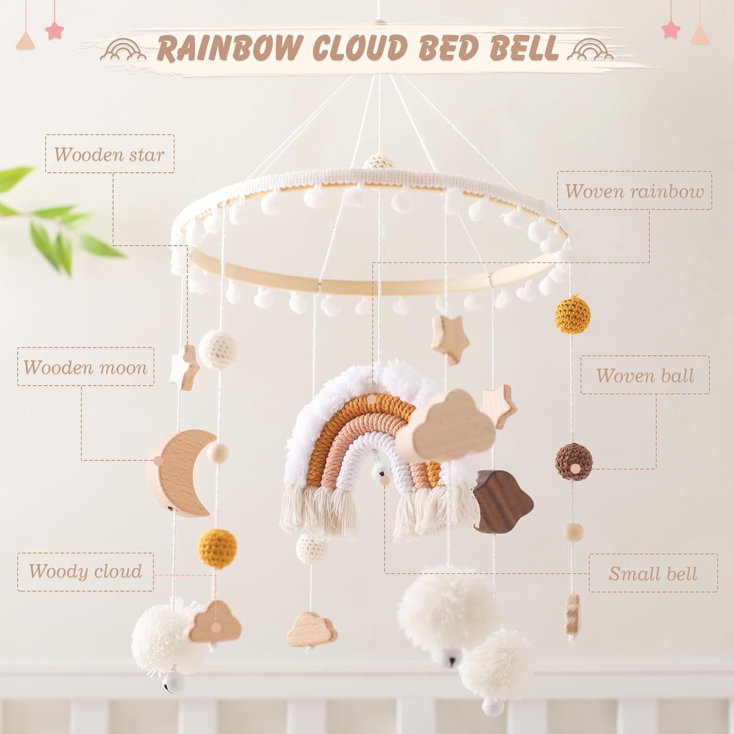 Baby Crib Mobile for Boys Girls Rainbow Nursery Mobile Gender Neutral Hand-Crocheted Mobile Ceiling Mobile - Rainbow, Clouds, Moon
