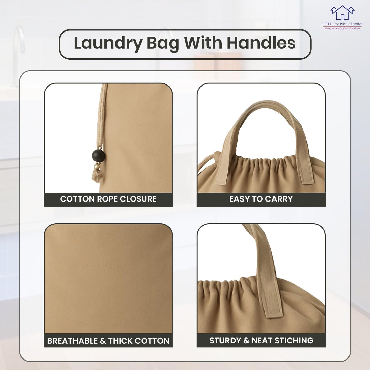 LFH Home Cotton Canvas Large Laundry Bag with Handle, Heavy Duty Drawstring Closure Washable Laundry Bags, School Travel, Home, Hotel, College Dorm, Organizer Sack, Toys Clothes 24x36-Beige