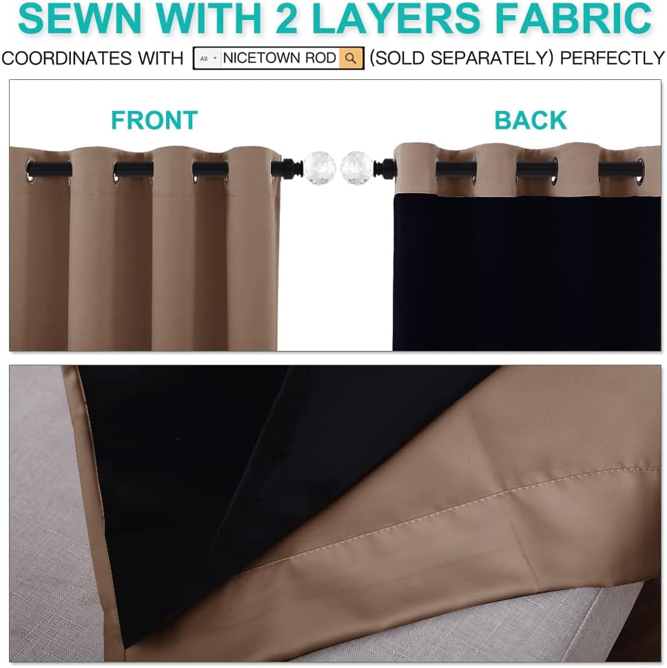 NICETOWN Cold Reducing Curtains, Complete Blackout Shades for Large Windows, 100% Blackout Window Curtain Panels with Black Lined, 52 inches Width Each Panel, 95 inches Length, Cappuccino, 2 Pieces