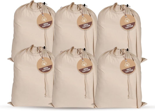 LFH Home Large Premium 100% Cotton Canvas Laundry Bag with Drawstring and Handles Heavy Duty, Multi-Use, and Washable for Home, Travel, College or Storage 28x36 (Pack of 6)-Natural