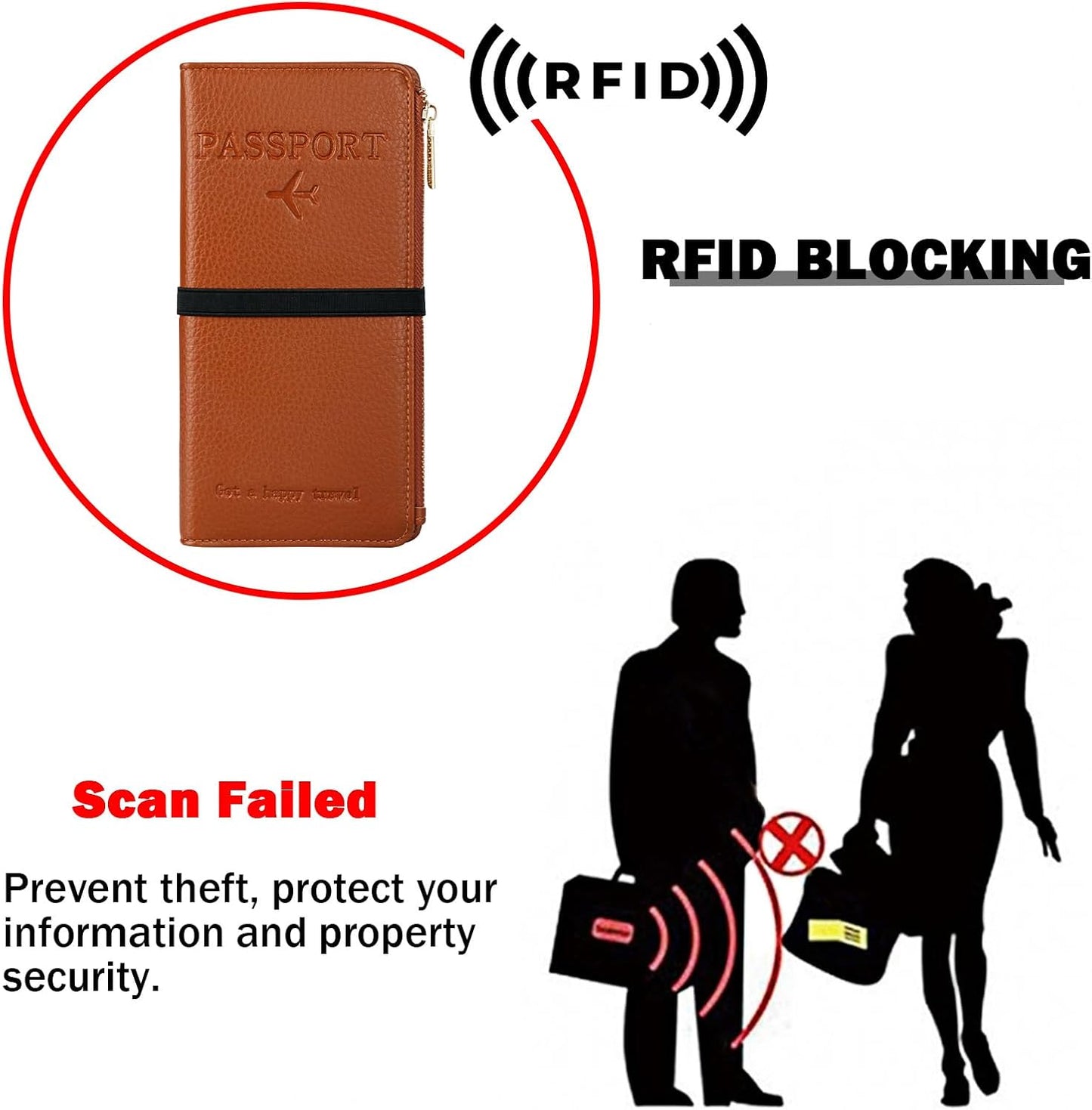 Travel Passport Wallet, RFID Blocking Passport Holder with Zipper, Passport Cover for Women Men, PU Leather Travel Document Organizer with Card Slots, Gift for Family Friends, Brown