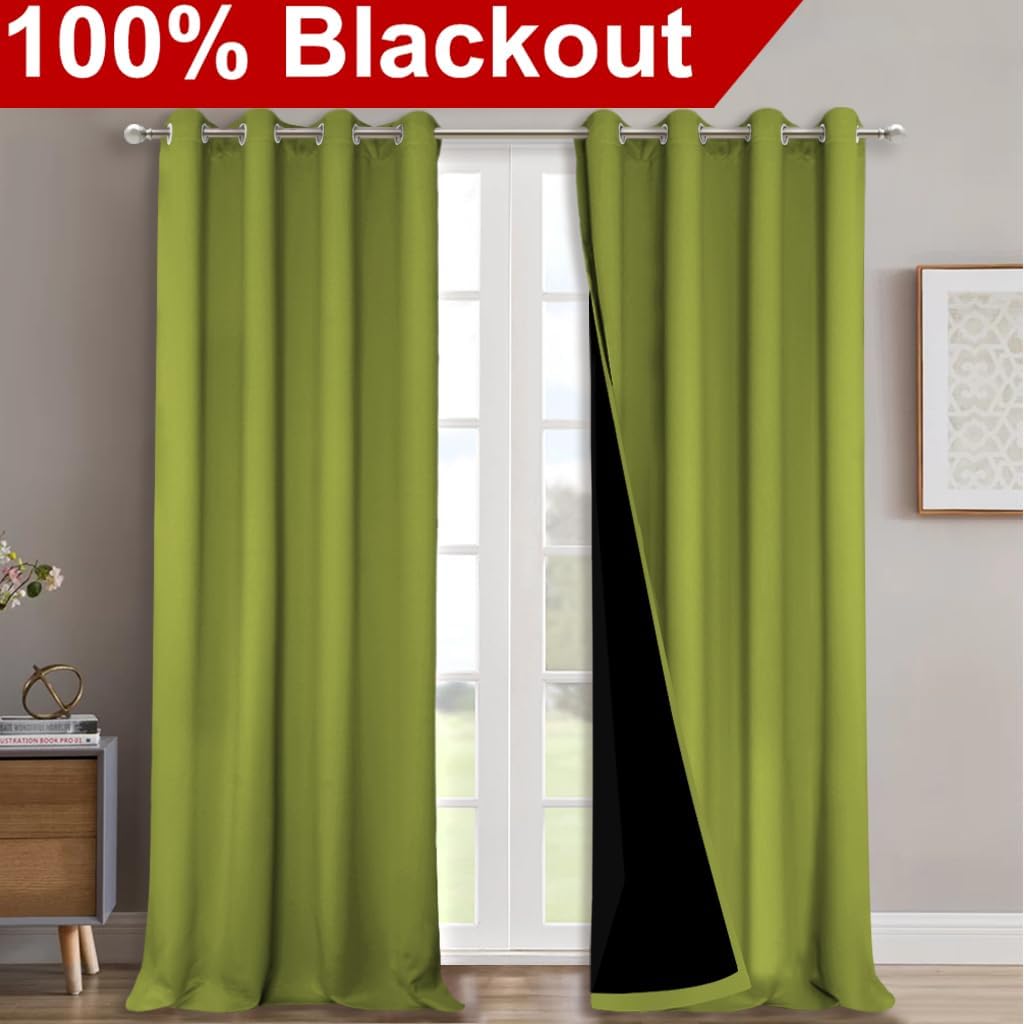 NICETOWN 100% Blackout Blinds, Set of 2, 46" x 102", Fresh Green, Laundry Room Decor Window Treatment Curtains for Large Patio Sliding Door, Thermal Insulated Curtains for Bedroom