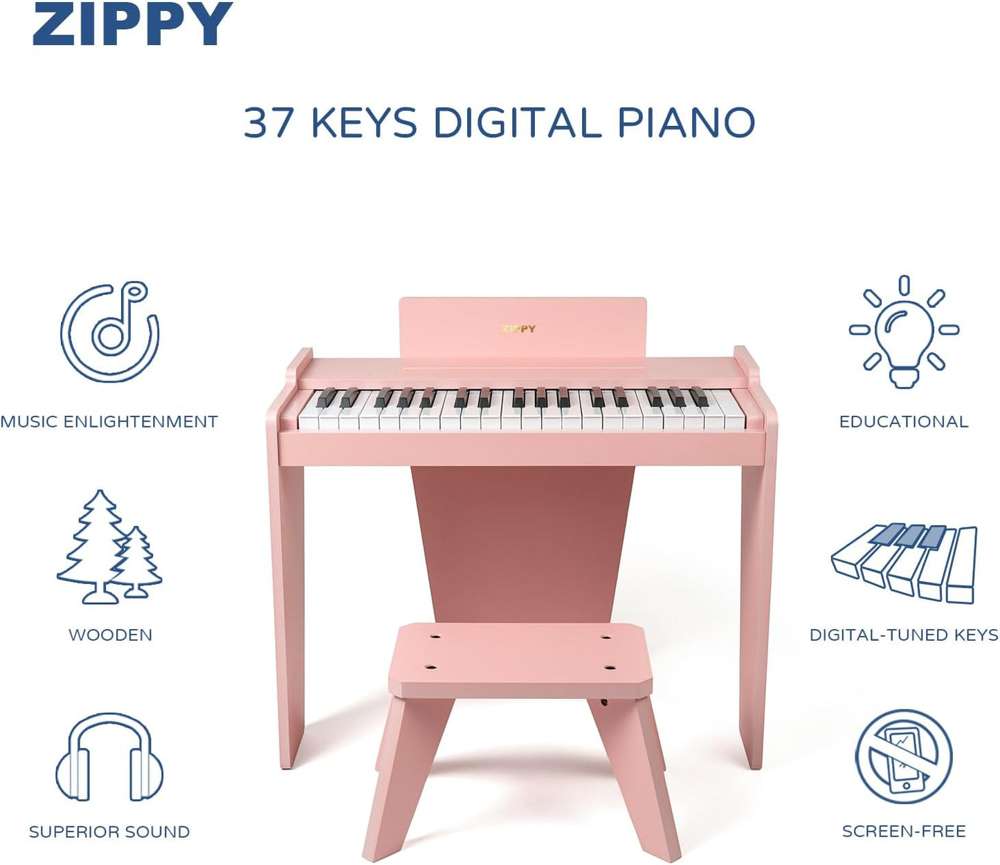 ZIPPY Kids Piano Keyboard, 37 Keys Digital Piano for Kids, Music Educational Instrument Toy, Wood Piano for 3+ Girls and Boys (Pink Basic)