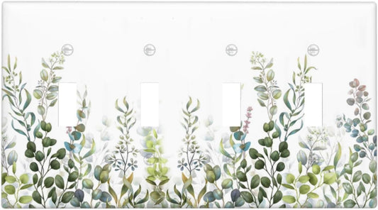 Green Eucalyptus Leaf Plant Herbs Springnature Light Switch Covers Quad Toggle Electrical Faceplate 4 Gang Wall Plate Decorative Switch Plates for Bed Room Living Room Decor