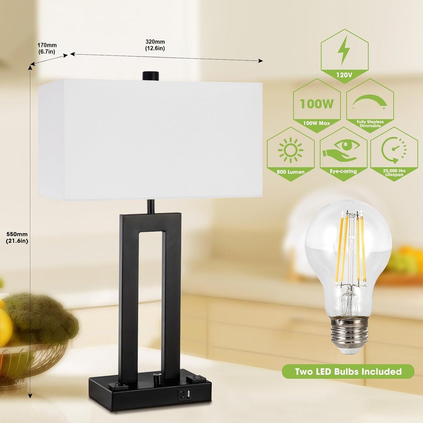 Modern Table Lamps Set of 2-22" Tall Bedside Lamps with USB-C/USB-A Charge Ports & Outlet, Stepless Dimmable Fabric White Shade Nightstand Lamps for Bedroom & Living Room