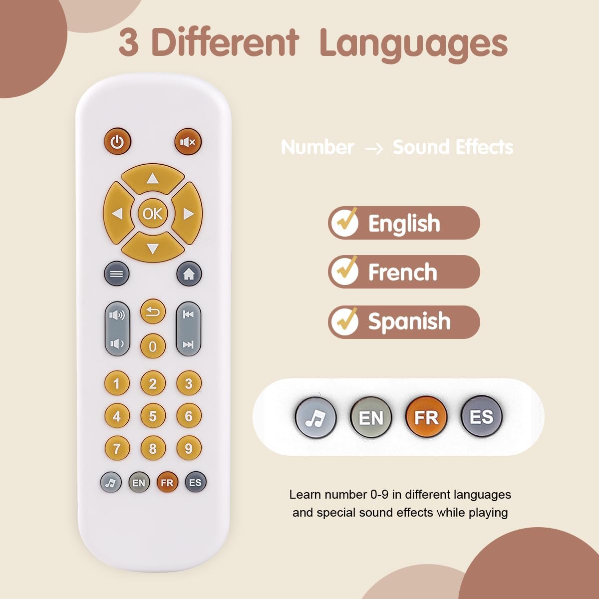 Nueplay Baby TV Remote Control Toy with Light and Sound, Toddler Realistic Controller with 3 Languages, Early Educational Learning Musical Toys, Preschool Infant Boys Girls 6, 12, 18 Months, White