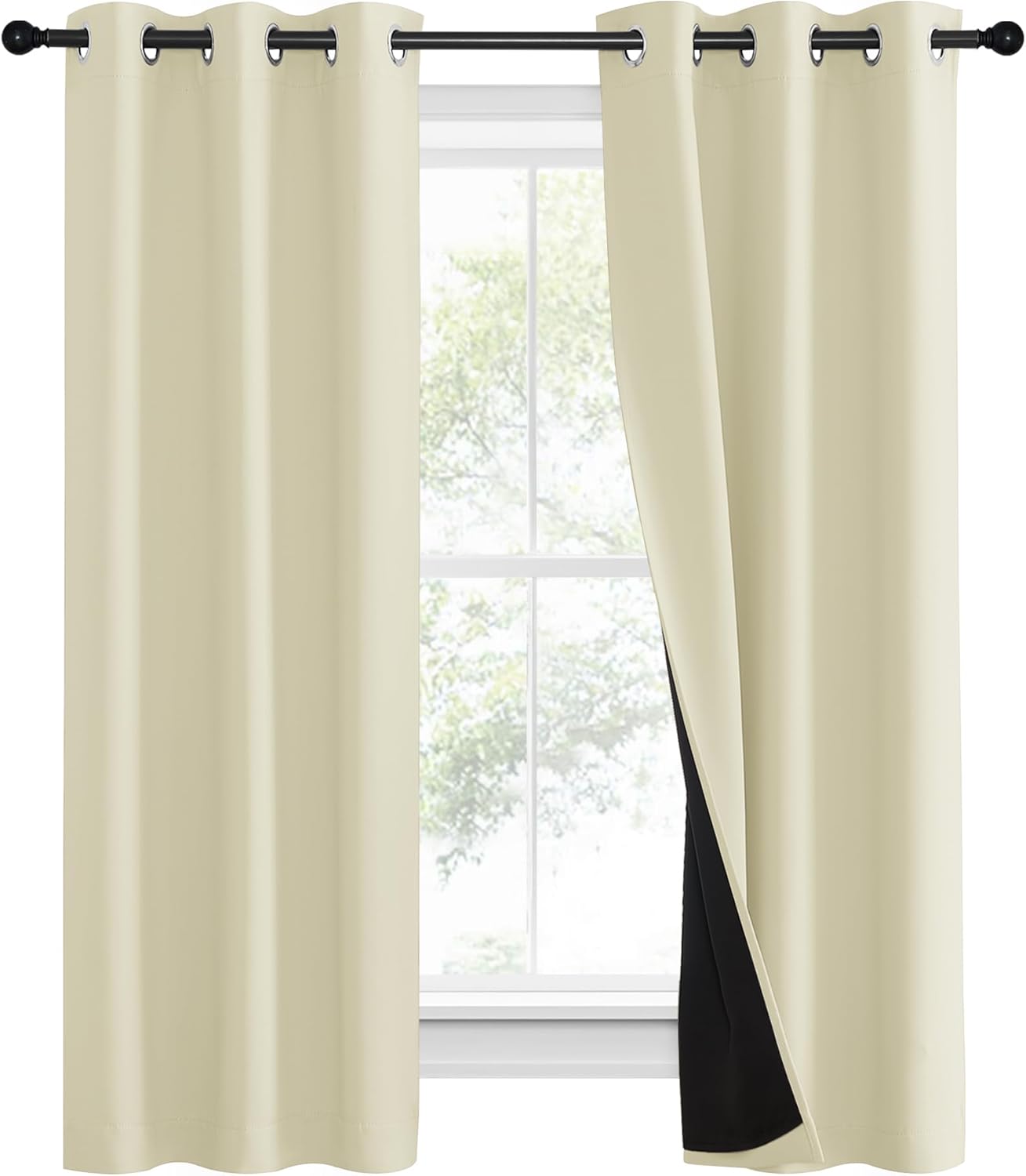 NICETOWN Living Room Completely Shaded Draperies, Privacy Protection & Noise Reducing Ring Top Drapes, Black Lined Insulated Window Treatment Curtain Panels (Beige, 2 Pieces, W37 x L60)
