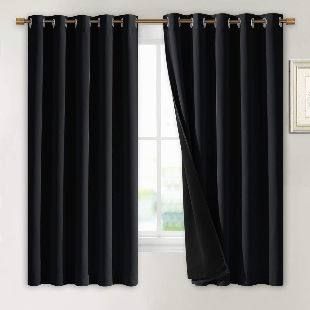 NICETOWN Complete 100% Blackout Curtains, Thermal Insulated & Energy Efficiency Window Draperies with Black Liner, Noise Reducing Short Curtains for Kids Room (Black, 70-inch W by 63-inch L, 2 Panels)