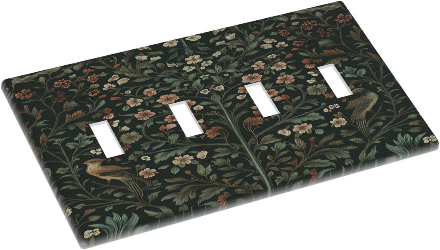 Light Switch Covers Vintage Morris Colorful Flower Green Leaf Quad Toggle Electrical Faceplate 4 Gang Wall Plate Decorative Switch Plates For Bed Room Living Room Decor