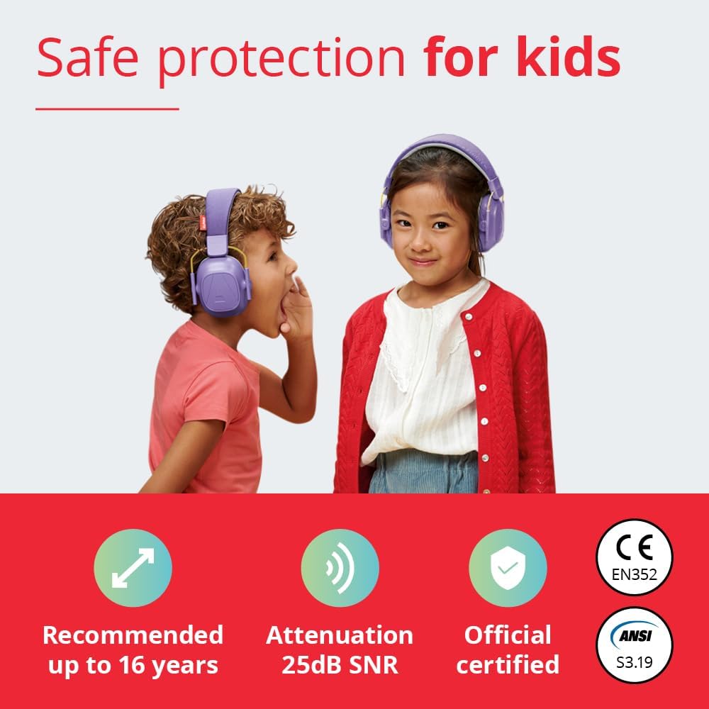 Alpine Muffy Kids - Hearing Protection - CE & ANSI Certified - Adjustable for Ages 3-16 years - Noise Cancelling Headphones - 25dB Sound Reduction Ideal for Protection and Concentration Aid – Purple