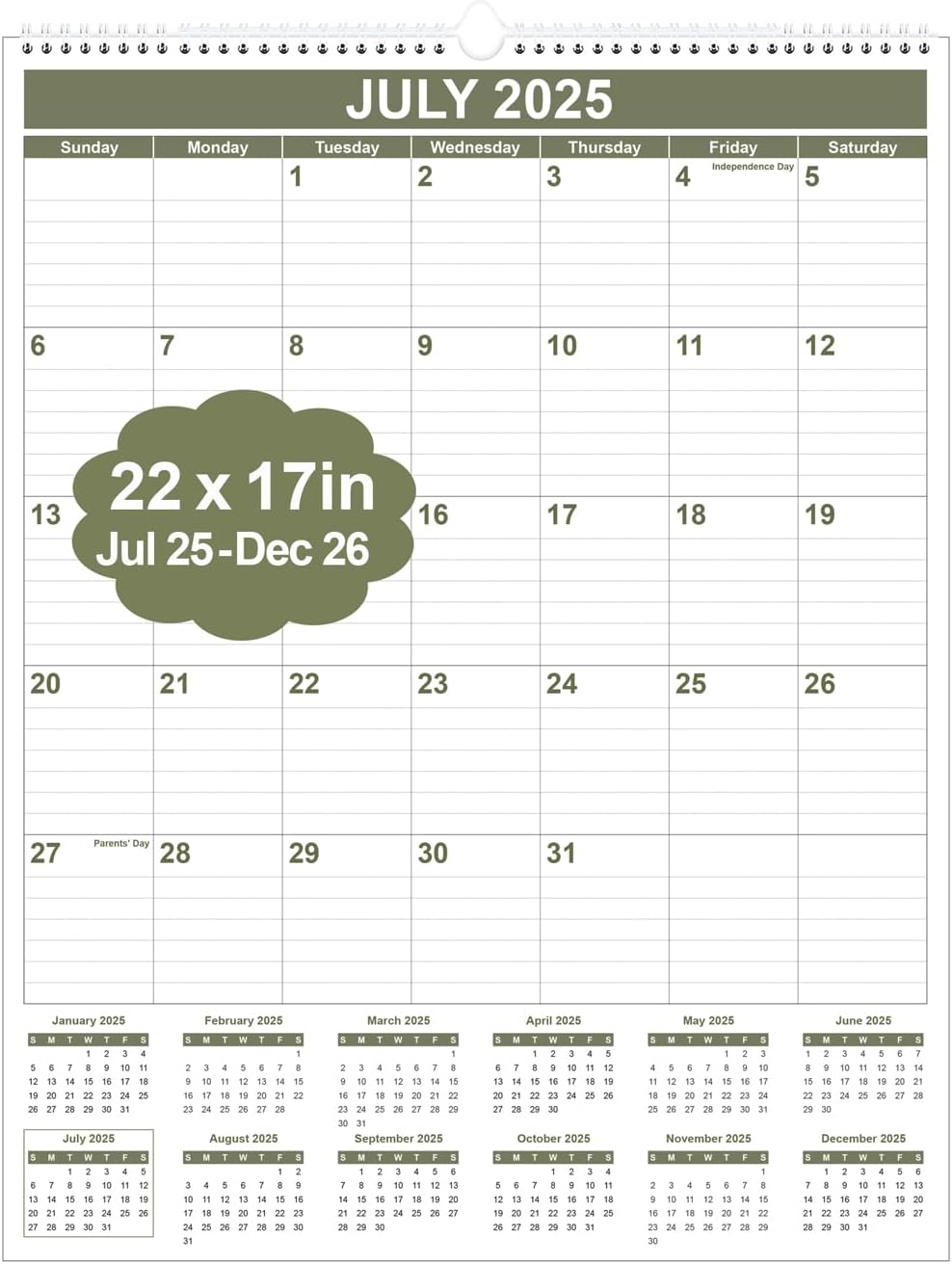 Large Calendar 2025-2026 with Spiral Bound - 18 Month Big Calendar from July 2025 to December 2026, Vertical Large Monthly Calendario 2025-2026 for Wall, 22" x 17", Cyan