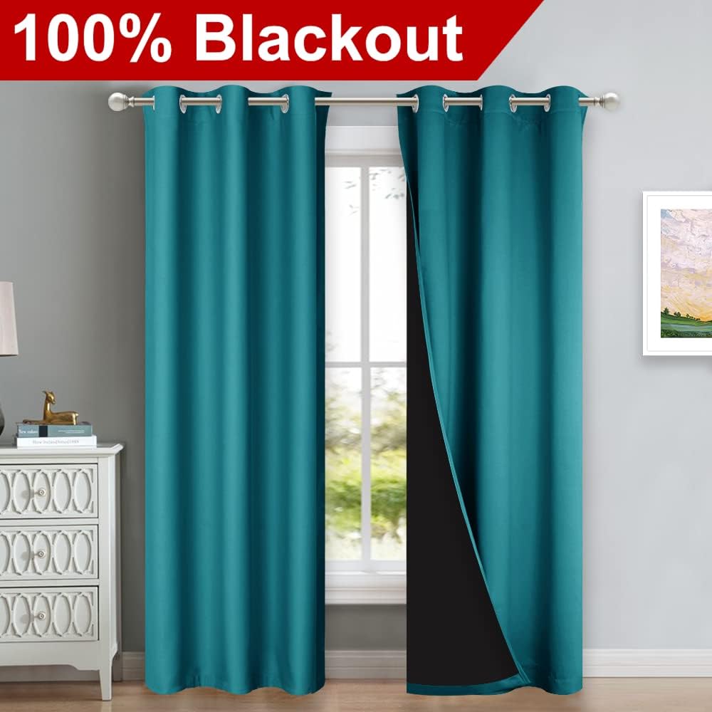 NICETOWN Peacock Teal Blackout Curtains 80 inches Long, Full Light Blocking Drapes with Black Liner for Nursery, Thermal Insulated Draperies for Hall, Villa (2 Pieces, 42" Wide Each Panel)