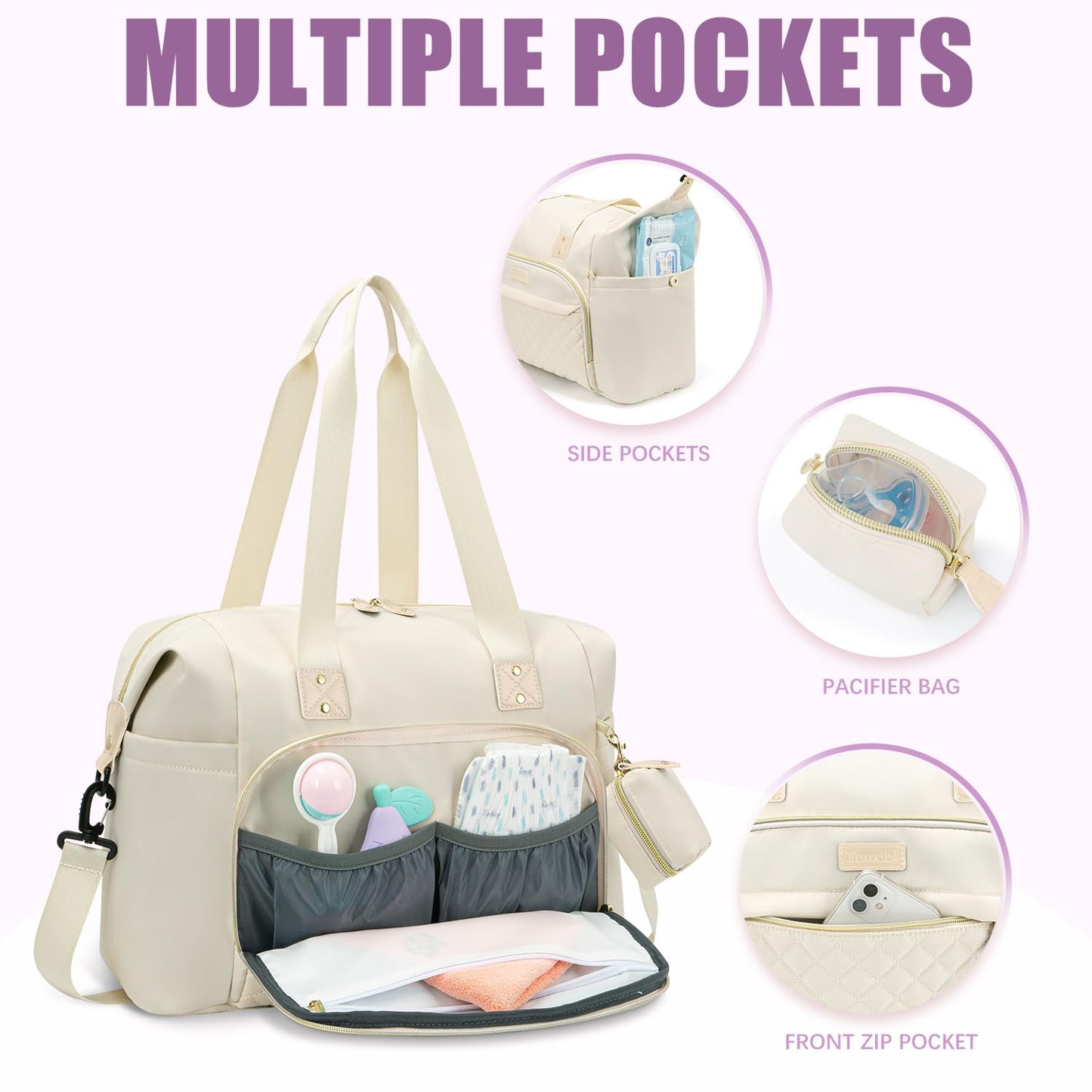 Tuwubi Diaper Bag Tote,Baby Diaper Bag with Pacifier Case Large Travel Diaper Tote Caddy for Mom and Dad Multifunction Large Baby Bag - M-White