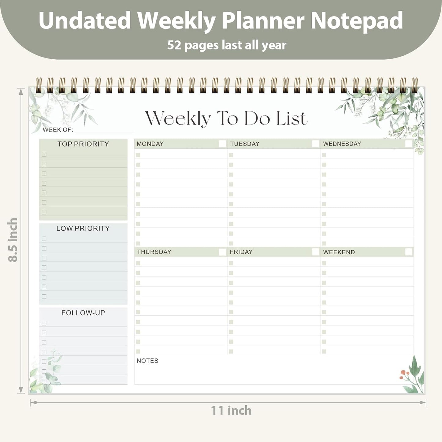 Weekly To Do List Notepad, Undated Planner with 52 Sheets (8.5''x11''), Desk Weekly Planner for Women & Man, Home School & Work (D-Leaf)