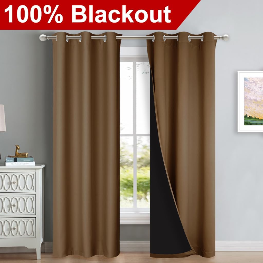 NICETOWN Full Shade Curtain Panels, 37" Wide x 80" Long, Gold Brown, Pair of Thermal Insulated & Energy Efficiency Blackout Drapes for Living Room, Lined Silky Performance Window Dressing
