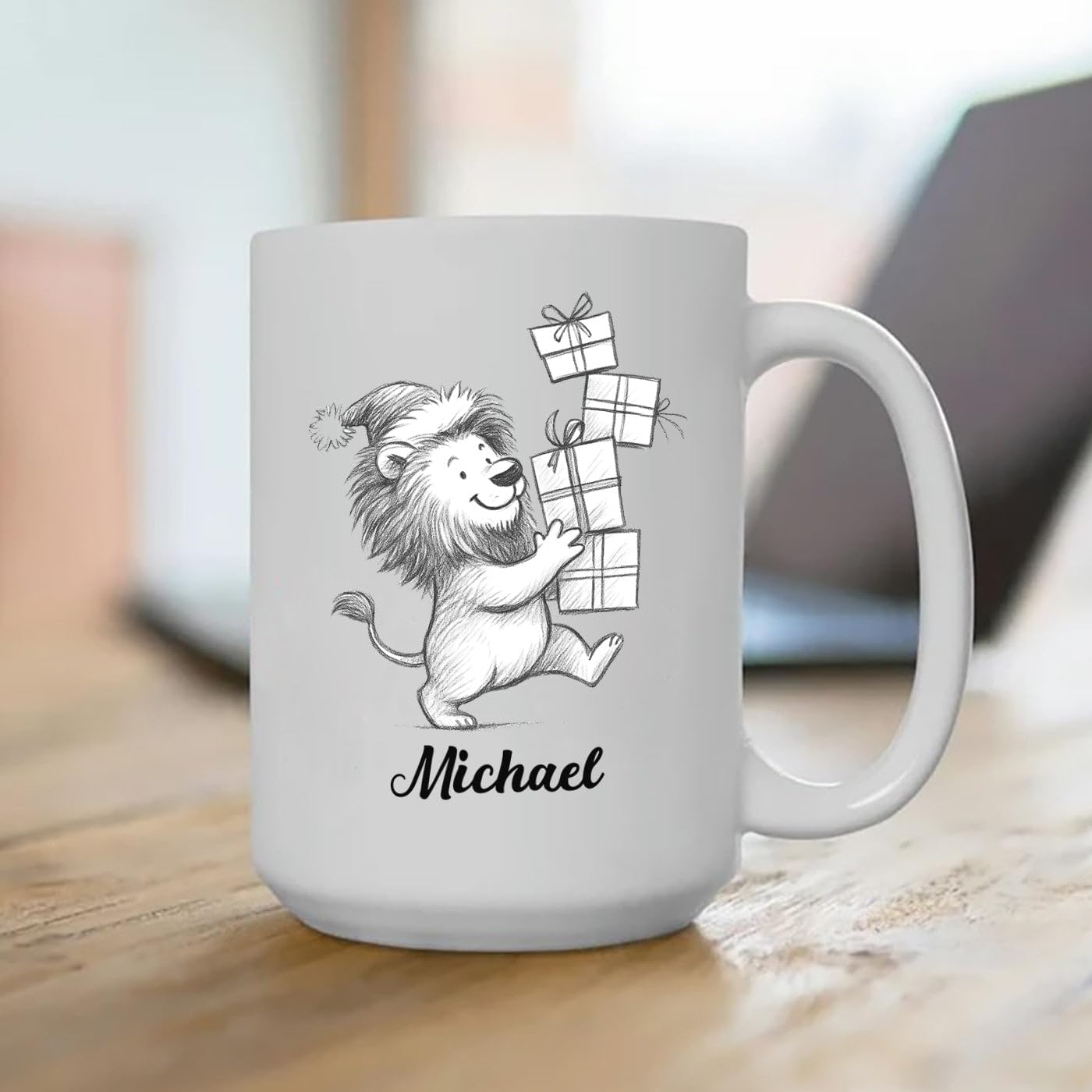 Personalized Lion Lover Coffee Cup 11 Oz 15 Oz, Lion Wild Animal Ceramic Coffee Mug Gift For Kids Child on Birthday Holiday, Custom Name Lions White Accent Teacup, Animal Travel Mug Gift For Friends